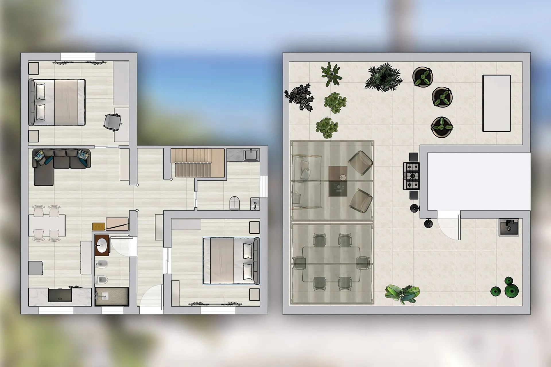 Floorplan of Casa Bandello showing the indoor layout and outdoor terrace